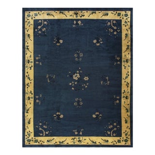 1930s Navy Blue Floral Deco Antique Chinese Peking Knotted Wool 9' X 11'4" Rug For Sale