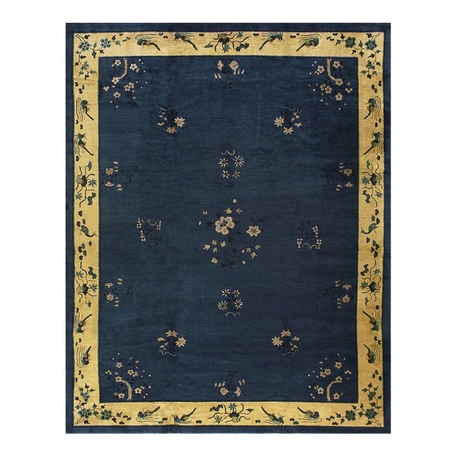 1930s Navy Blue Floral Deco Antique Chinese Peking Knotted Wool 9' X 11'4" Rug For Sale