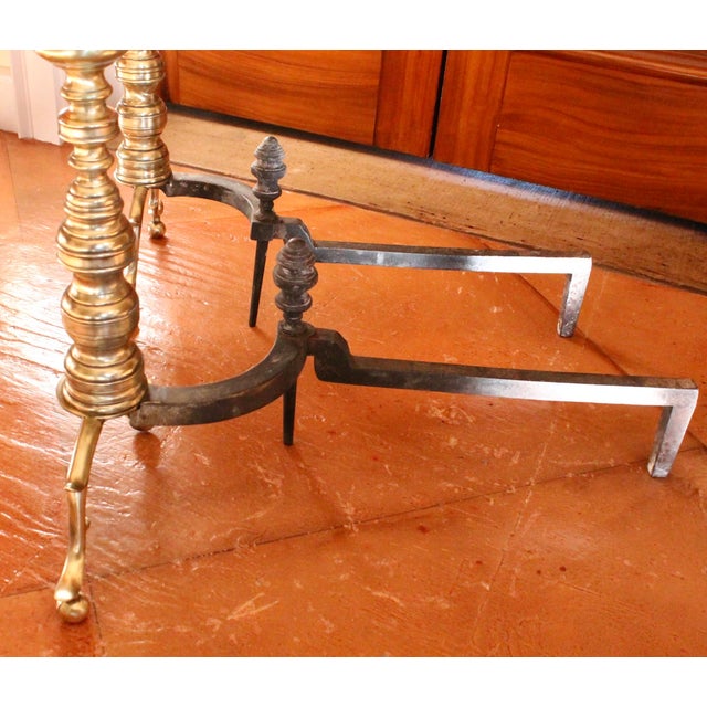 Pair of Antique American Brass Andirons With Turned Finials For Sale - Image 10 of 13