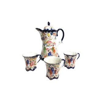 Antique 1910'sly Hand Made and Painted Gilded Porcelain Chinoiserie Coffee / Tea Set With Kettle / Pitcher and Cups - Set of Four For Sale