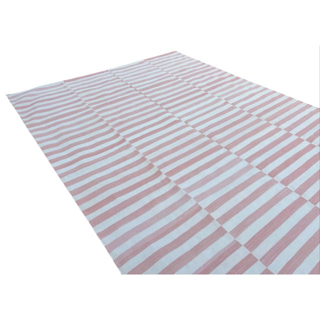Light Pink Handwoven Cotton Area Rug, Vegetable Dyed, Pink and Cream Striped Dhurrie - 12'x15' For Sale - Image 8 of 10