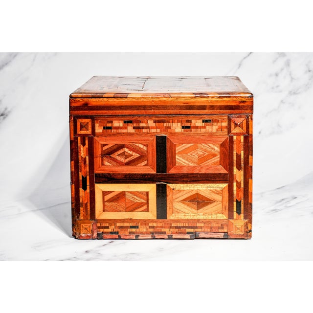 Chestnut Impressive Large Inlaid Wood Pattern Antique Victorian 19th Century Box With Key Home Decor For Sale - Image 8 of 15