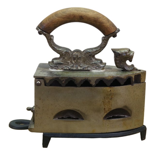 Antique Lion Head Delphin Dolphin Coal Brazier Clothing Iron & Trivet 9" For Sale