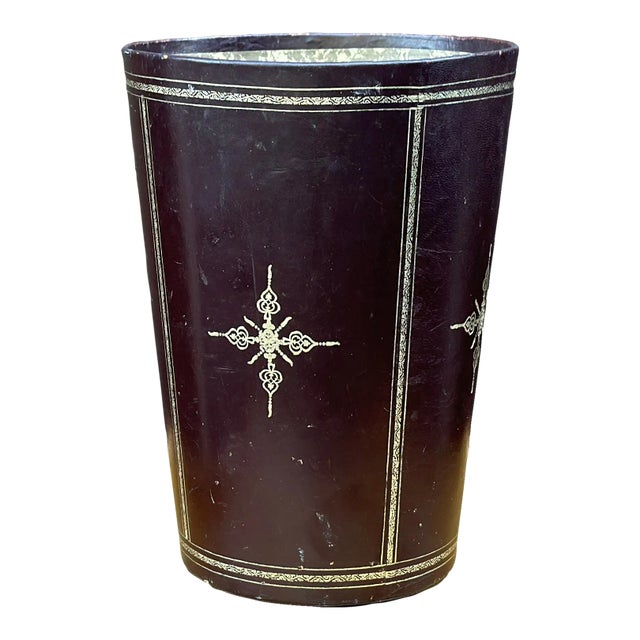 Mid-Century Tooled Oxblood Leather Wastebasket For Sale
