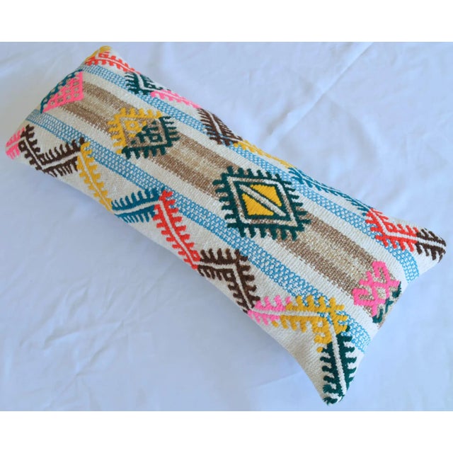 1970s Turkish Kilim Lumbar Pillow Cover Handmade Wedding Pillow 12" X 30" For Sale - Image 4 of 7