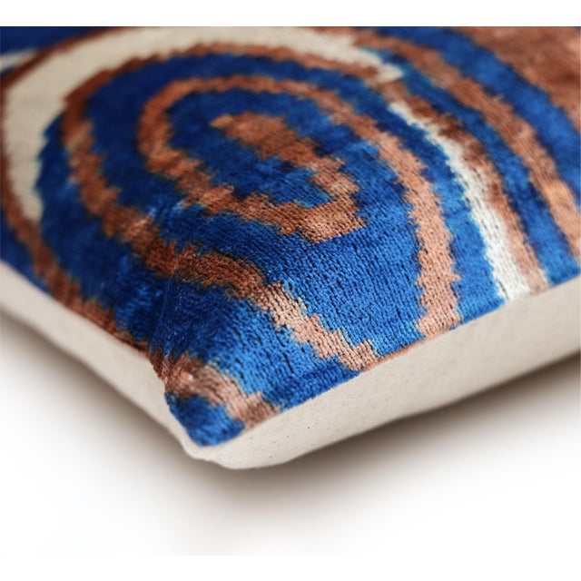 Handmade Velvet Ikat Lumbar Pillow 16x24 | Blue Swirl Stripe For Sale In San Francisco - Image 6 of 8
