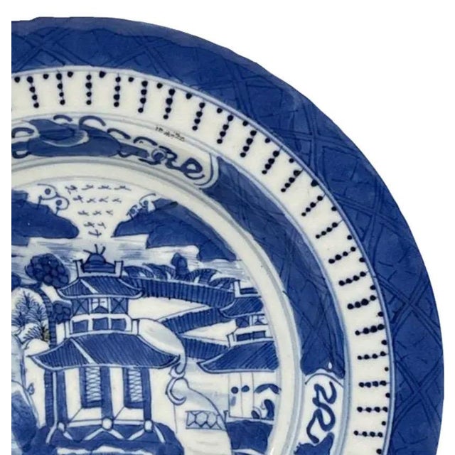 Antique 19th Century Chinese Canton Blue & White Export Porcelain 8.5" Scenic Bowl & Stand For Sale In Portland, OR - Image 6 of 12