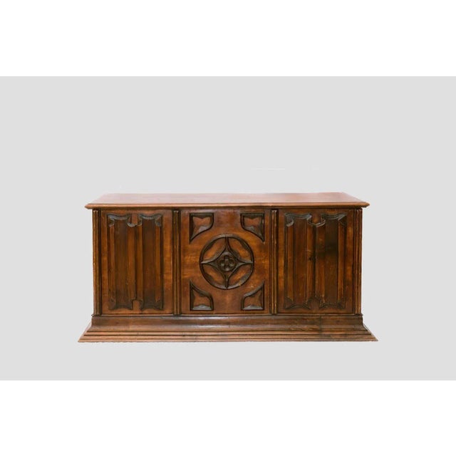 Carved Mahogany Coffer, applied carved center panel with medallion, relief linenfold carved panels, fielded panel sides,...