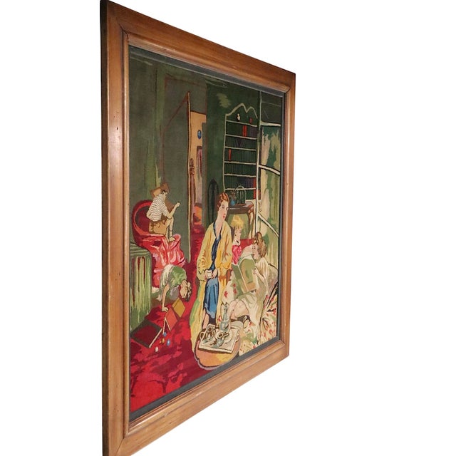 Victorian Victorian Style Framed Needlepoint Depicting a Family Parlor Scene For Sale - Image 3 of 9