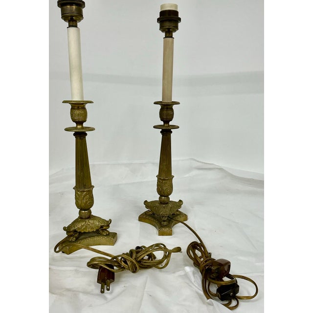 Brass Pair of Louis-Philippe Bronze Candlestick Lamps, 19th Century For Sale - Image 8 of 11