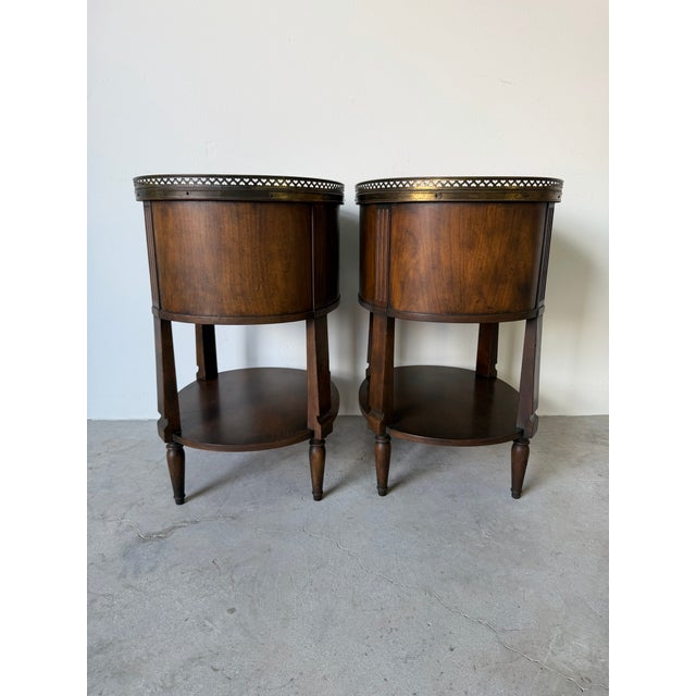 Vintage Baker Furniture French Regency Style Tambour Door Nightstands With Pierced Brass Gallery – A Pair For Sale - Image 4 of 12
