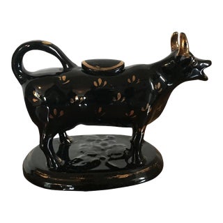 19th Century English Pearlware Jackfield Cow Form Jug For Sale