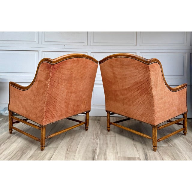 Pair of Vintage Cal-Mode French Walnut Lounge Chairs in Terracotta Upholstery For Sale - Image 9 of 16