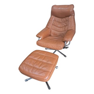 Set of Mid-Century Modern Leather Lounge Chair and Ottoman from Skoghaug Industri, 1980 For Sale