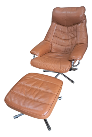 Set of Mid-Century Modern Leather Lounge Chair and Ottoman from Skoghaug Industri, 1980