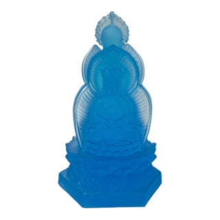 Blue Frosted Crystal Glass Lotus Base 3 Sides Bodhisattva Sanbao Figure For Sale