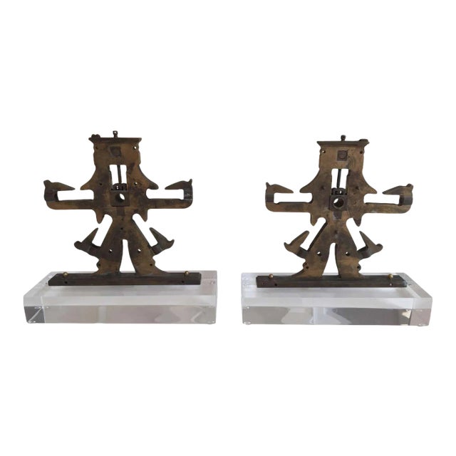 Antique Mechanical Objects on Lucite Stand, Bookends For Sale