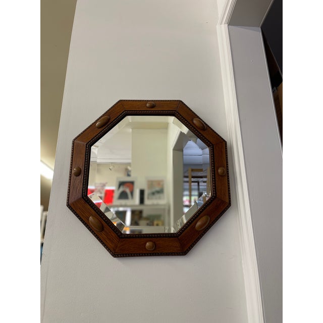 Antique Arts and Crafts Octagonal Beveled Mirror With Carved Oak Frame and Decorative Wood Peg Inlays For Sale - Image 4 of 8