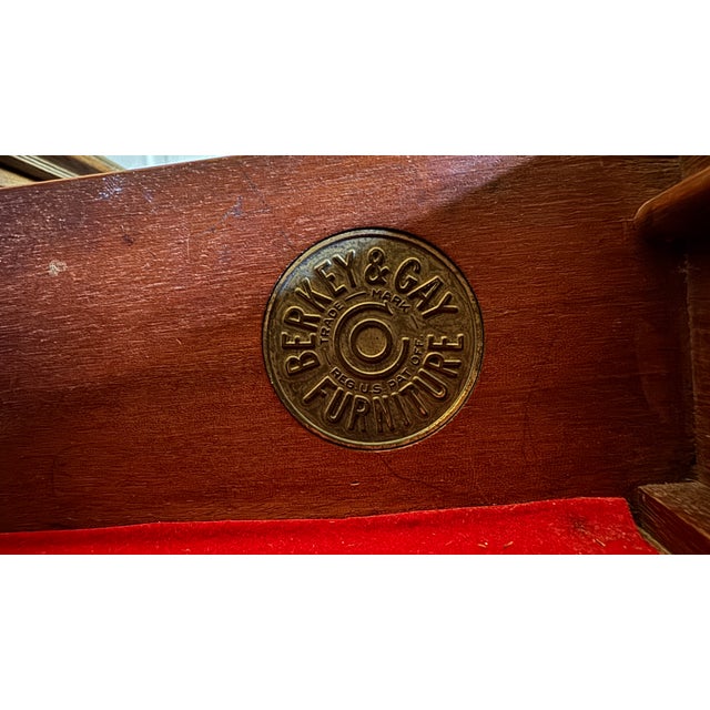 Spanish Revival 1920s Berkey & Gay Jacobean Revival Burl Walnut Kneehole Desk/Vanity With Glass Top & Stool, Vintage, Maker's Mark For Sale - Image 3 of 16