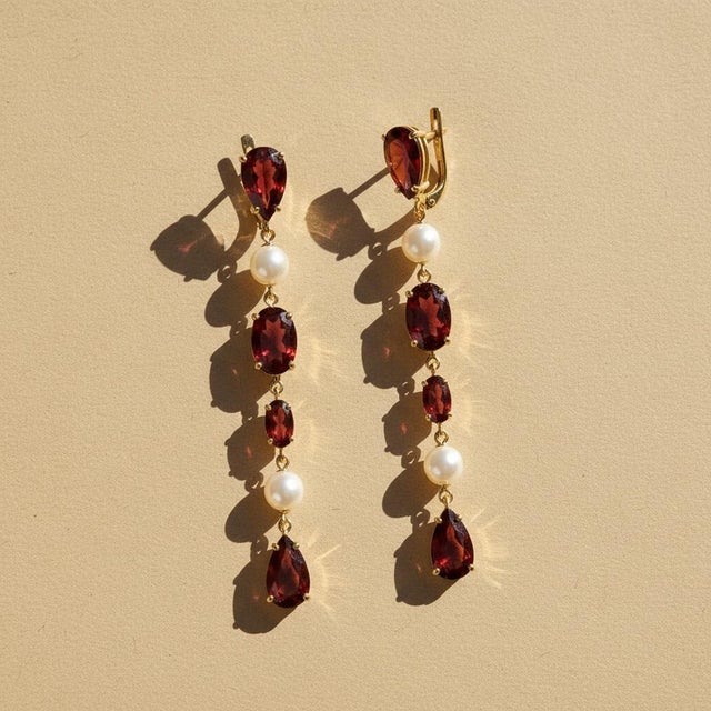 Metal Garnet & Pearl Drop Multi-Shape Earrings, Silver, Gold, Pair For Sale - Image 7 of 10