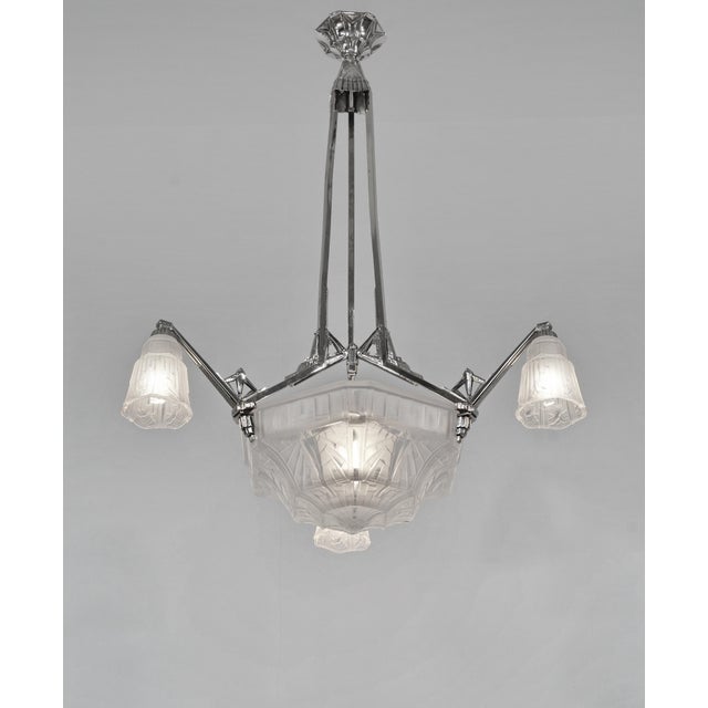 Art Deco Maynadier French Art Deco Nickeled Bronze & Geometric Glass Chandelier 1930s For Sale - Image 3 of 13