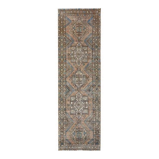 1960s Hazelnut Brown Bohemian Vintage Persian Heriz With Geometric Design Hand Knotted Wool Distressed Wide Runner For Sale