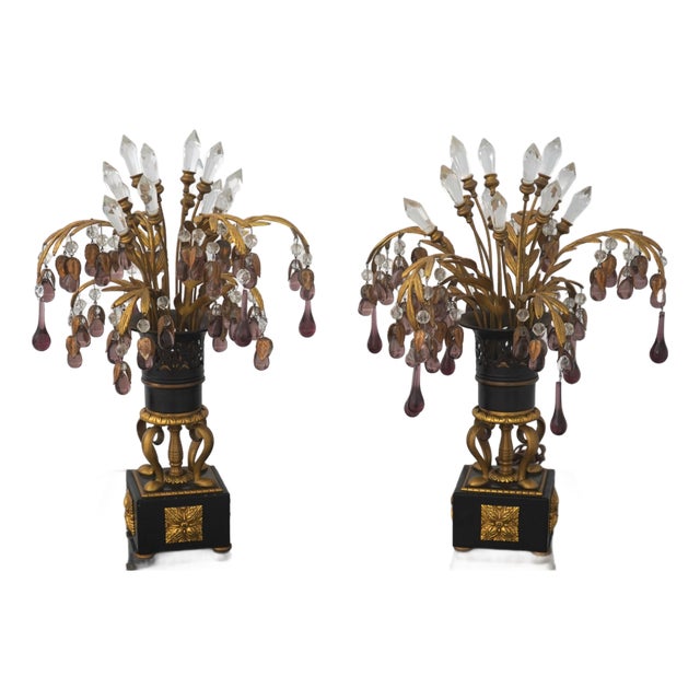 Pair of Vintage French Empire Purple Crystal Lamps For Sale