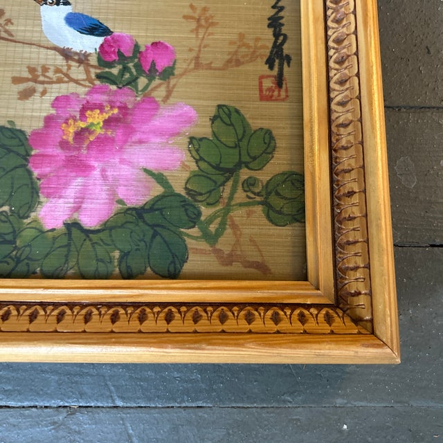 Asian 1970’s Asian Style Bird Perched on Flowering Branch Painting on Bamboo For Sale - Image 3 of 4