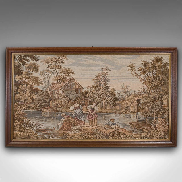 This is a vintage panoramic tapestry. A French, needlepoint decorative panel with mahogany frame, dating to the early 20th...