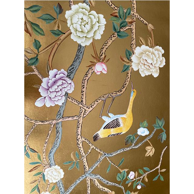 Not Yet Made - Made To Order Gold Leaf Chinoiserie Hand-Painted Wall Panels With Birds, Peonies & Dachshund (Set of 3) For Sale - Image 5 of 6