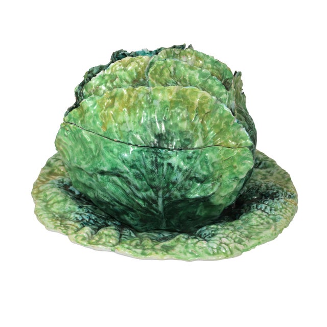 Garden Whimsy: Large Italian Ceramic Cabbage Tureen & Stand For Sale - Image 4 of 16