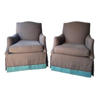 Pair of Linen Lee Industries Swivel Club Chairs For Sale