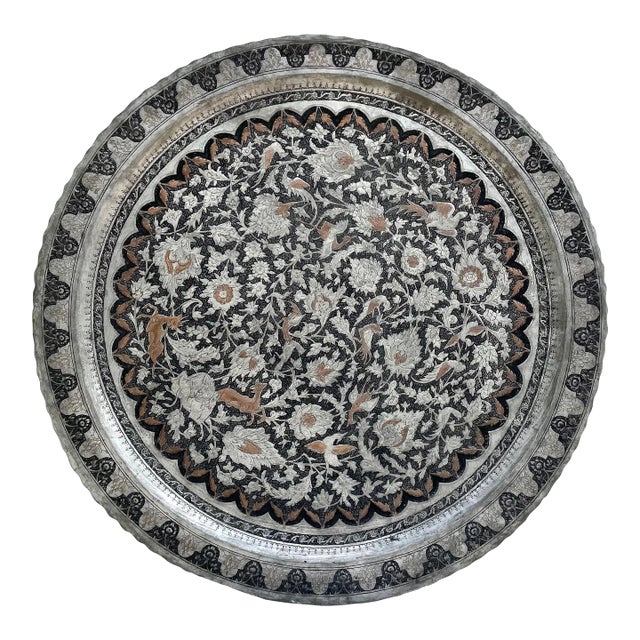Vintage Islamic Moroccan 34" Engraved Silver Copper Tray Table Top For Sale