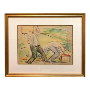 Eliyahu Sigard, Men Working on Kibbutz Palestine, Israeli Judaica Pastel Drawing, c.1940s