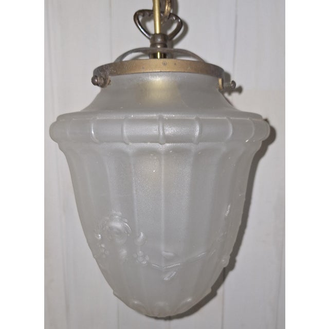 Goldenrod Antique Ceiling Lamps on Patinated Brass Mounts and Frosted, Teardrop-Shaped Glass Shades, 1900s, Set of 2 For Sale - Image 8 of 9