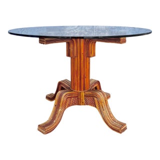 Split Reed Curved Pedestal Dining Table With Round Glass Top | Hollywood Regency and Mid Century Modern in Gabriella Crespi Style For Sale