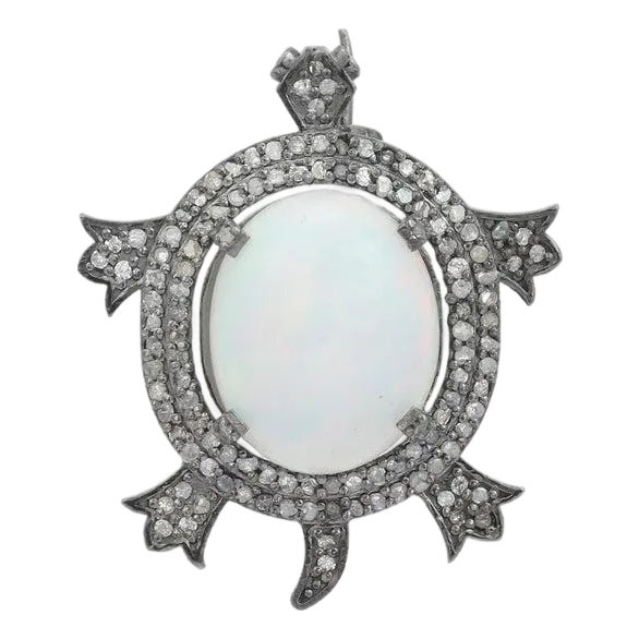 Estate Victorian Turtle Brooch– Silver Unisex Pin With Cubic Zirconia and Opal Center For Sale