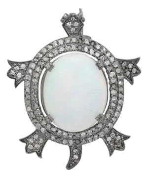 Estate Victorian Turtle Brooch– Silver Unisex Pin With Cubic Zirconia and Opal Center