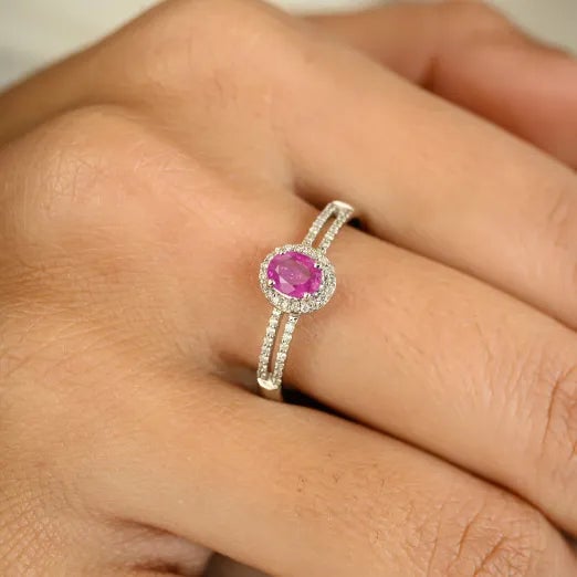 Genuine Ruby Diamond Halo Split Band Ring in 14K White Gold featuring natural ruby of 0.38 carats and diamonds of 0.11...