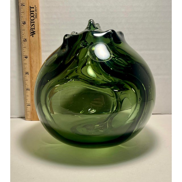 1960s MCM Signed Robert C. Fritz Studio Art Glass Sculpture Olive Green Abstract 6”x6" For Sale - Image 5 of 6