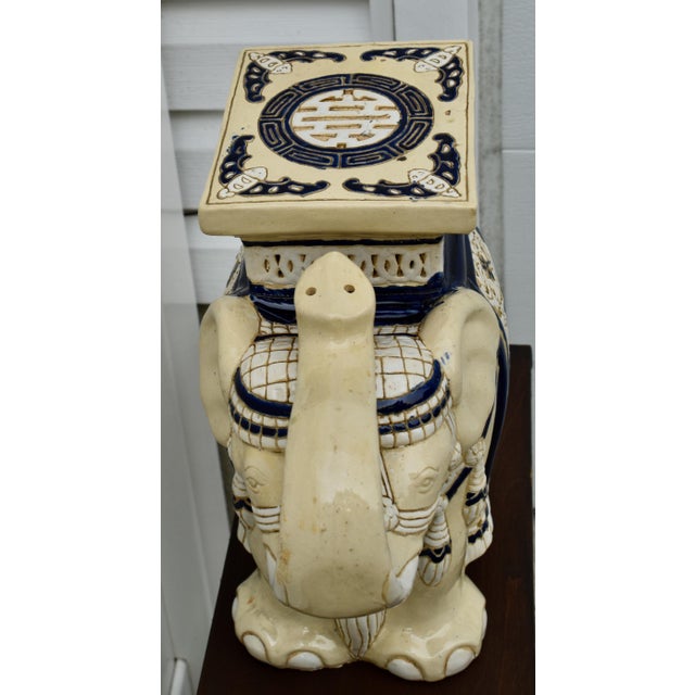 Ceramic Elephant Garden Stool Side Table Plant Stand Chinese Cream Blue For Sale In Philadelphia - Image 6 of 15