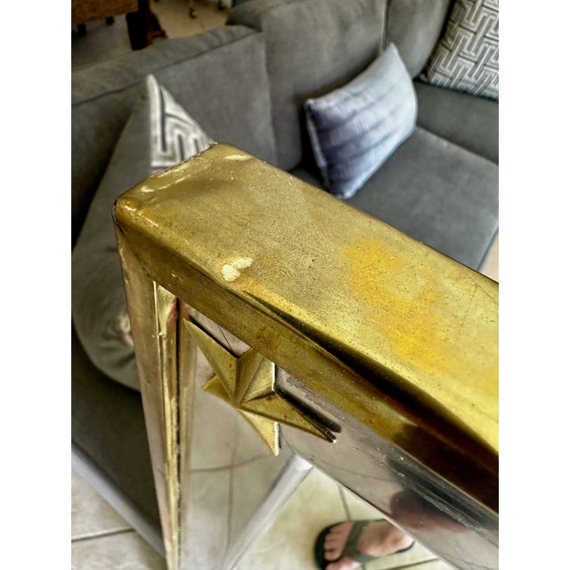 French Directoire Style Brushed Steel and Brass Wall Mirror Star Accents For Sale - Image 16 of 18
