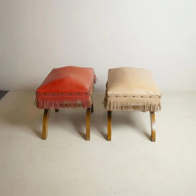 Gio Ponti Set of Italian Stool in Wood & Fabric in Gio Ponti Style, 1940s For Sale - Image 4 of 9