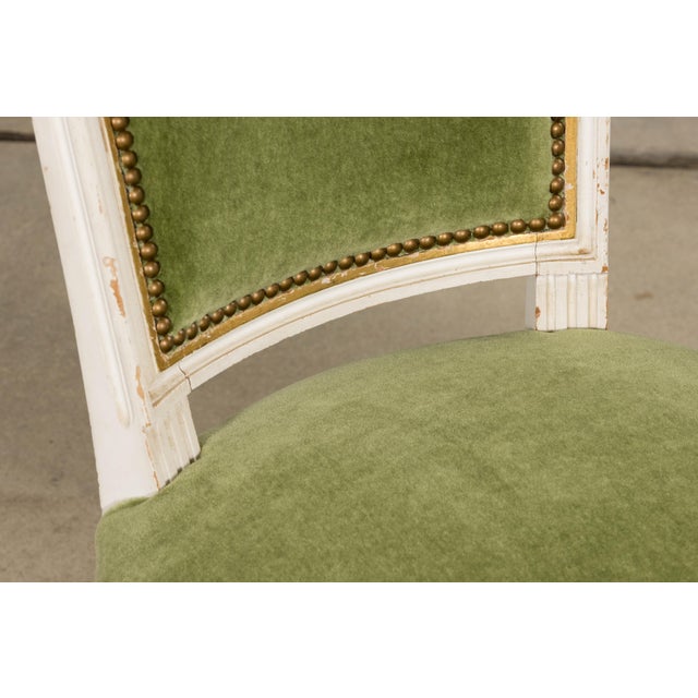 Antique French Louis XVI Style Painted Accent Chair in Moss Green Mohair For Sale - Image 10 of 18