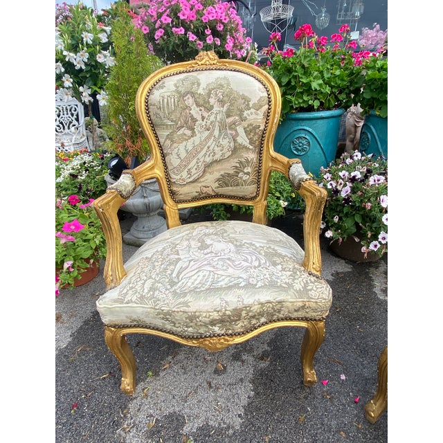 Vintage French Louis XV Style Gold Giltwood Tapestry Arm Chairs- a Pair For Sale - Image 12 of 12