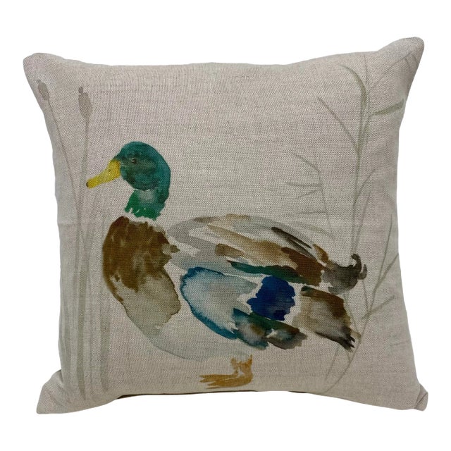 16" Square Pillow With a Traditional Mallard Duck Watercolor-Look Pattern - Made in Uk. For Sale