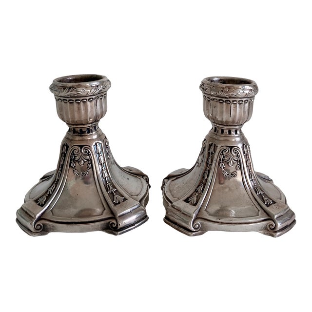 Circa 1900, Benedict Silver Plate Candlesticks, Set of 2, Edwardian Period, Floral Swag Scrollwork Design For Sale