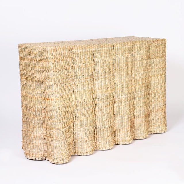 Mid-Century Modern Pair of Wicker Drapery Ghost Consoles For Sale - Image 3 of 9