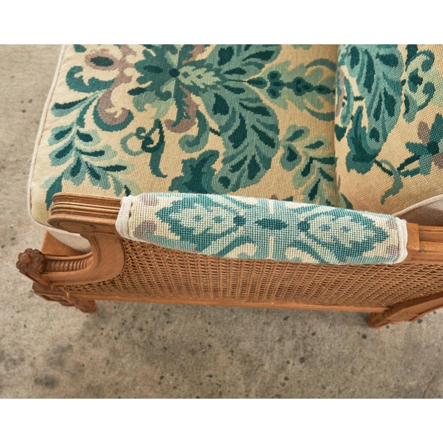 Pair of Louis XVI Style Walnut Caned Needlepoint Lounge Chairs For Sale - Image 9 of 13