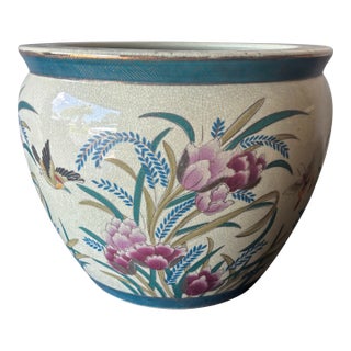Vintage Chinese Chinoiserie Peony & Koi Porcelain Planter For Sale